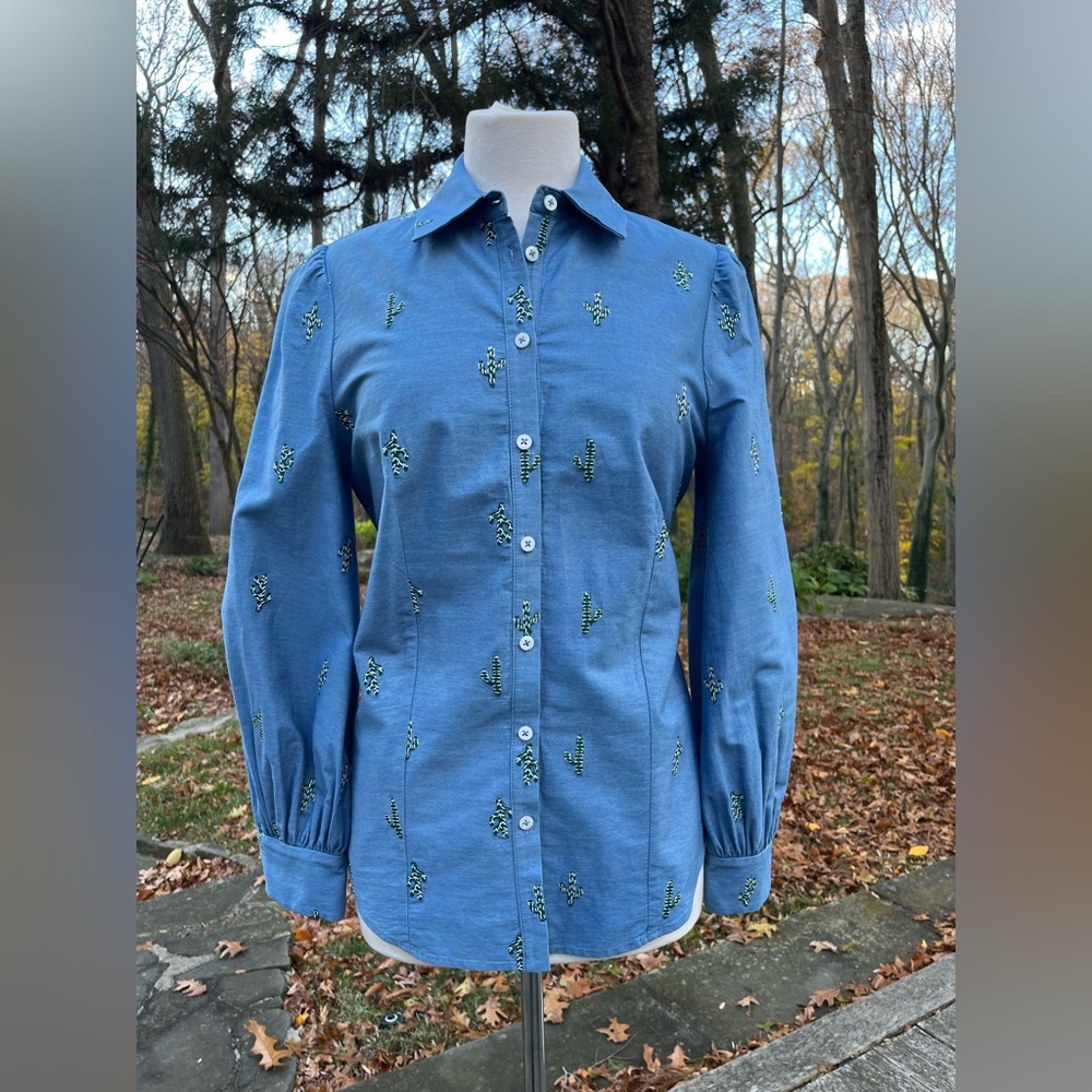 Pear by Lela Rose Button-down Shirt with Cactus Embroidered Design